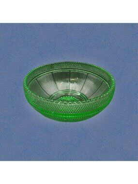 Vintage uranium vaseline glass serving bowl, UV glow, ribbed diamond starburst,